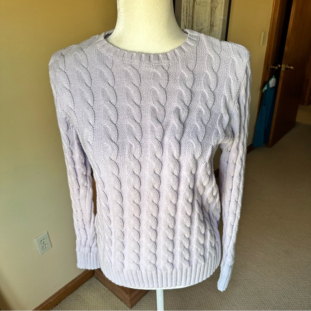Preswick & Moore Lilac Cable‎ Knit Crewneck Cotton Sweater Sz S/M Preppy Coastal
